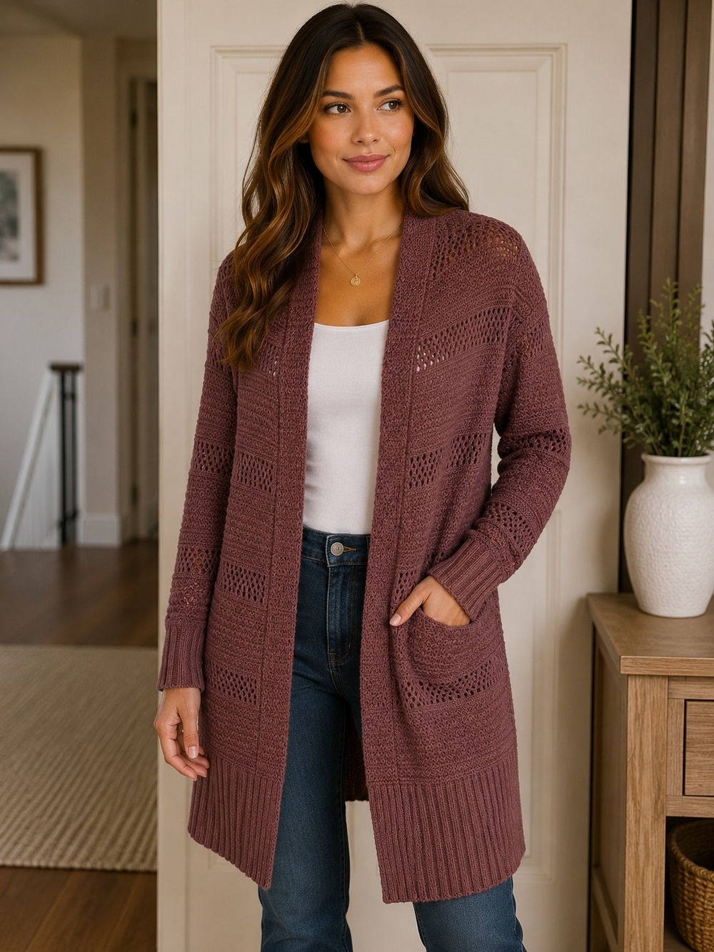 Open-Front Knit Cardigan Sweater - Mauve/Purple